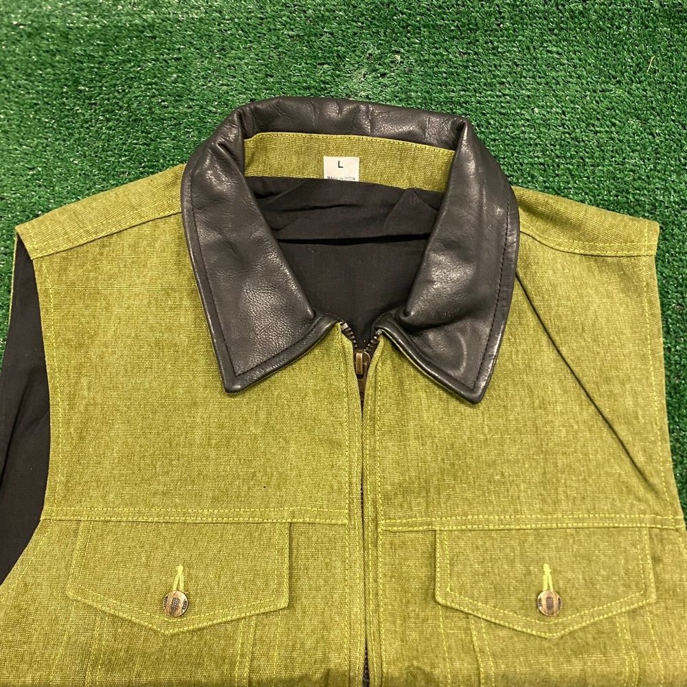 Vintage 90s Canvas Zip Up Utility Vest Green Workwear Western Rancher Cowboy L - Picture 2 of 5